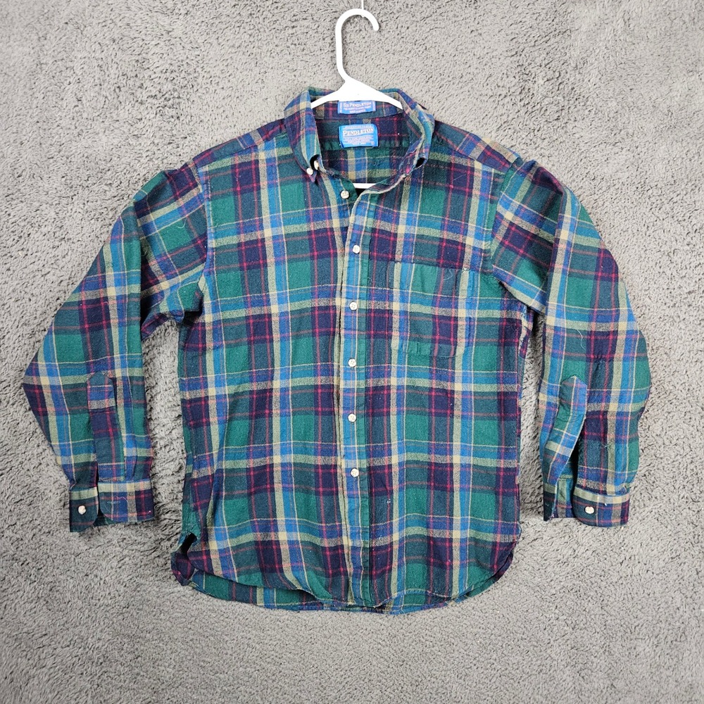 Sir Pendleton Mens Large Wool Plaid Button Down Shirt Green Blue Long Sleeve L